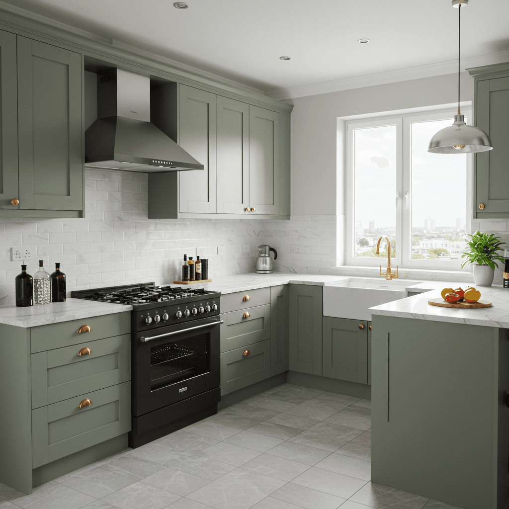 Traditional kitchen with light green cabinets and modern appliances